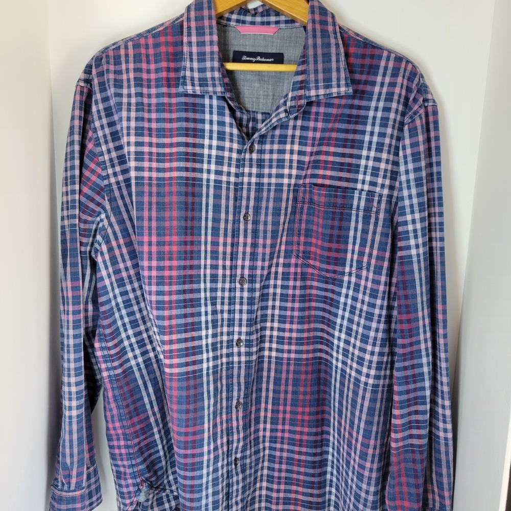 Tommy Bahama Mens XXL Plaid Button Down Shirt Long Sleeve Blue Pink Cotton